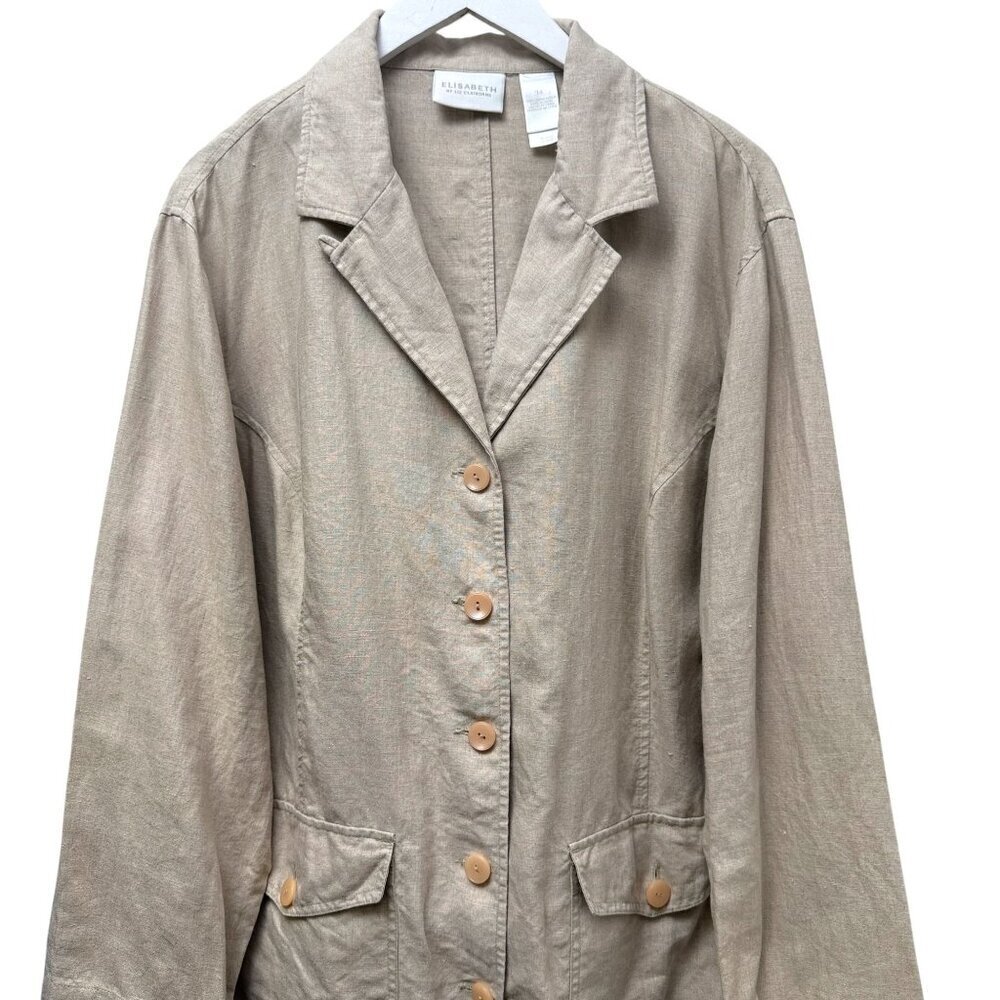 Elisabeth by Liz Claiborne 100% Linen Blazer Size 14 Oversized Jacket Beige - Picture 2 of 7